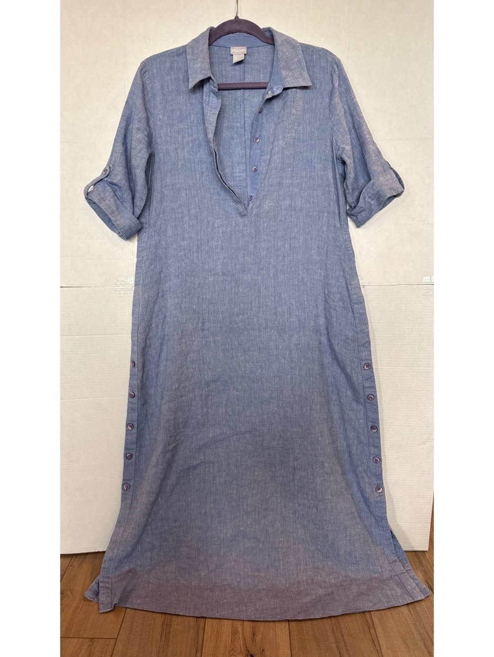 Chico's Blue Linen Blend Button-Down Maxi Dress Size 8